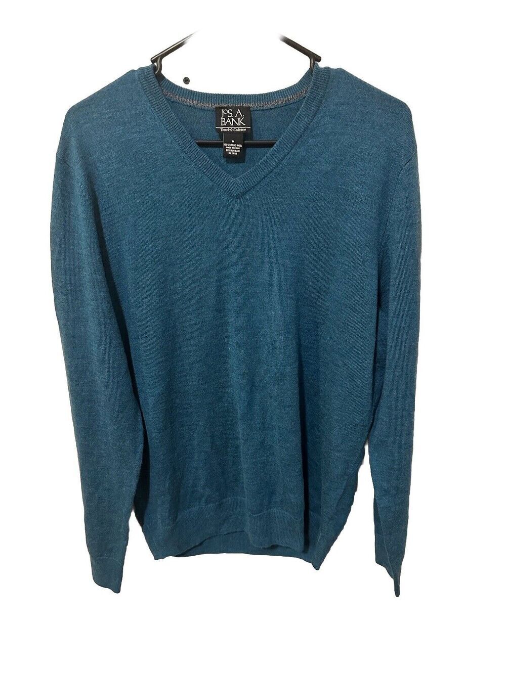 JOS A BANK TRAVELER'S V-Neck Pullover Sweater Mens M Blue 100% Merino Wool Soft